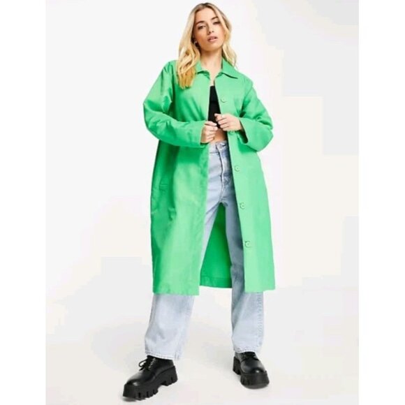 NWOT Women’s MONKI Green Oversized Long Button Coat Collared Light Rain Jacket M - Picture 1 of 8